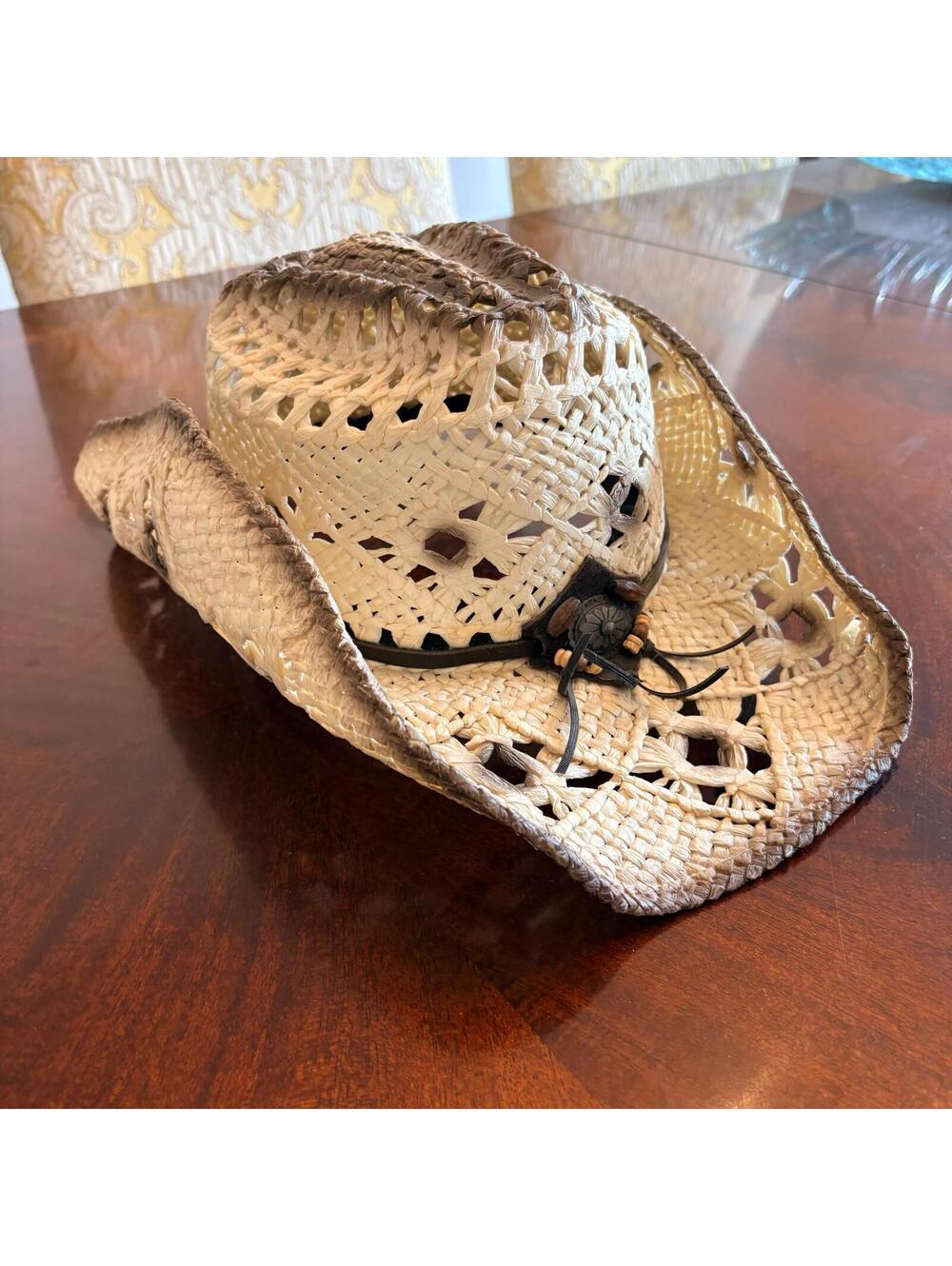 Wild West Cowboy Western Rodeo Woven Hat Women's Large Made in Mexico Beige